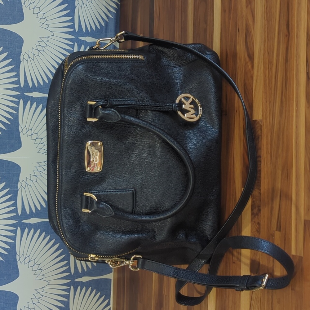 Michael Kors black and gold leather two zipper compartment satchel large…